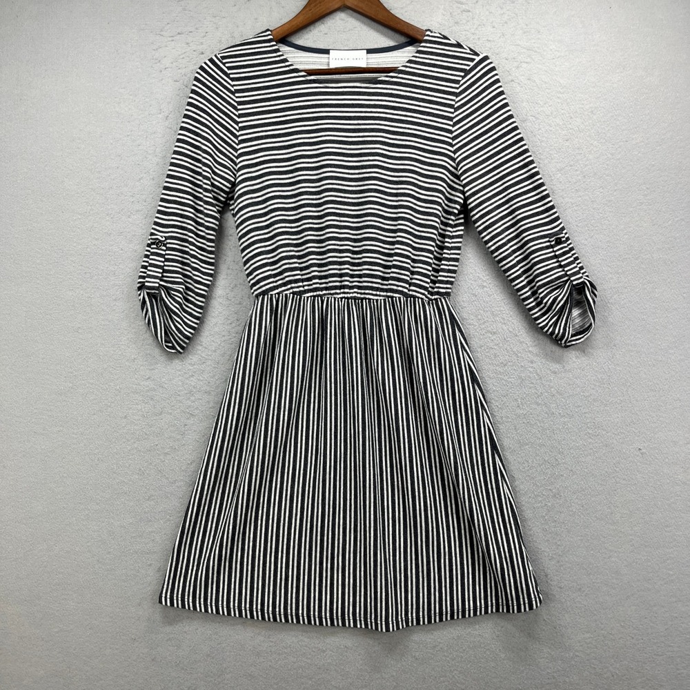 French Grey Dress Womens M Black Striped Fit Flare Roll Tab Sleeve Mini Casual